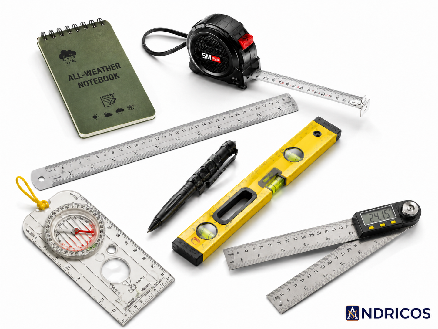 ANDRICOS Survey & Recording Bundle — Field Notebook, Ruler, Tape Measure, Spirit Level, Digital Angle Gauge, Field Pen & Navigation Tool
