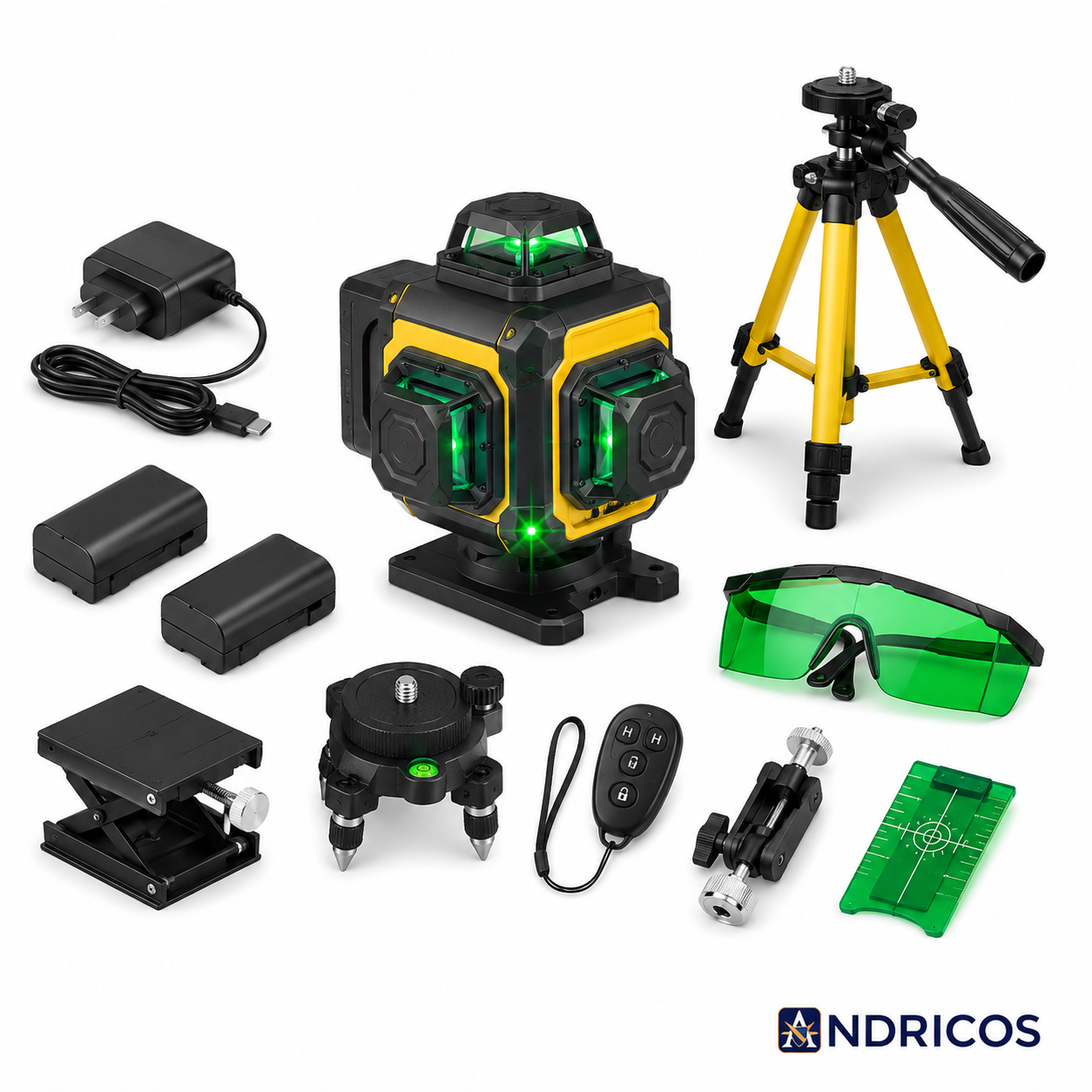ANDRICOS 4D Laser Level Kit — CONENTOOL 16-Line Green Self-Leveling Laser with Tripod, 360° Rotation, Remote Control, 2 Batteries & Mounting Accessories