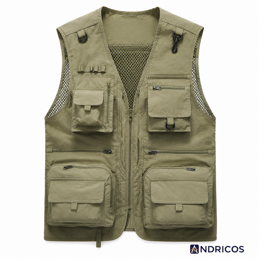 ANDRICOS Field Utility Vest — RONGKUN 14-Pocket Lightweight Mesh Sleeveless Workwear Vest for Photography, Fieldwork, Travel & Outdoor Carry