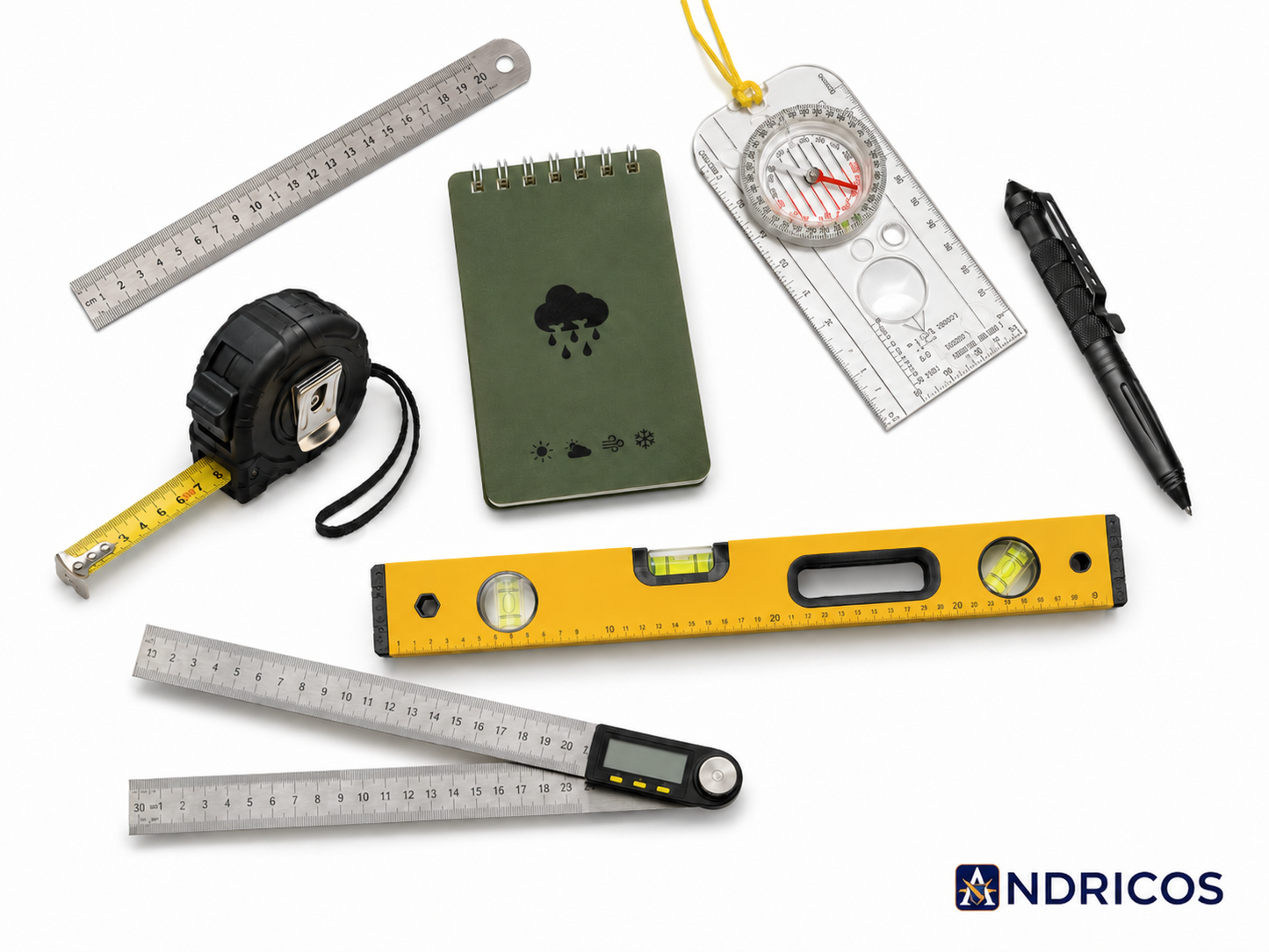 ANDRICOS Survey & Recording Bundle — Field Notebook, Ruler, Tape Measure, Spirit Level, Digital Angle Gauge, Field Pen & Navigation Tool