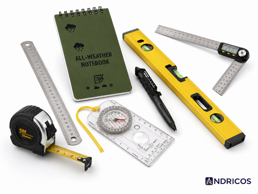 ANDRICOS Survey & Recording Bundle — Field Notebook, Ruler, Tape Measure, Spirit Level, Digital Angle Gauge, Field Pen & Navigation Tool