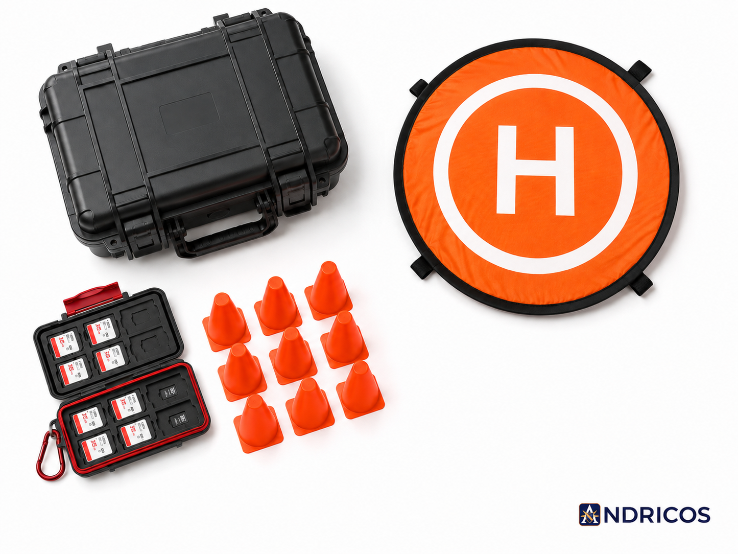 ANDRICOS Drone Field Support Kit — Landing Pad, SD Card Case, Marker Cones & Hard-Shell Accessory Storage for Field Drone Operations