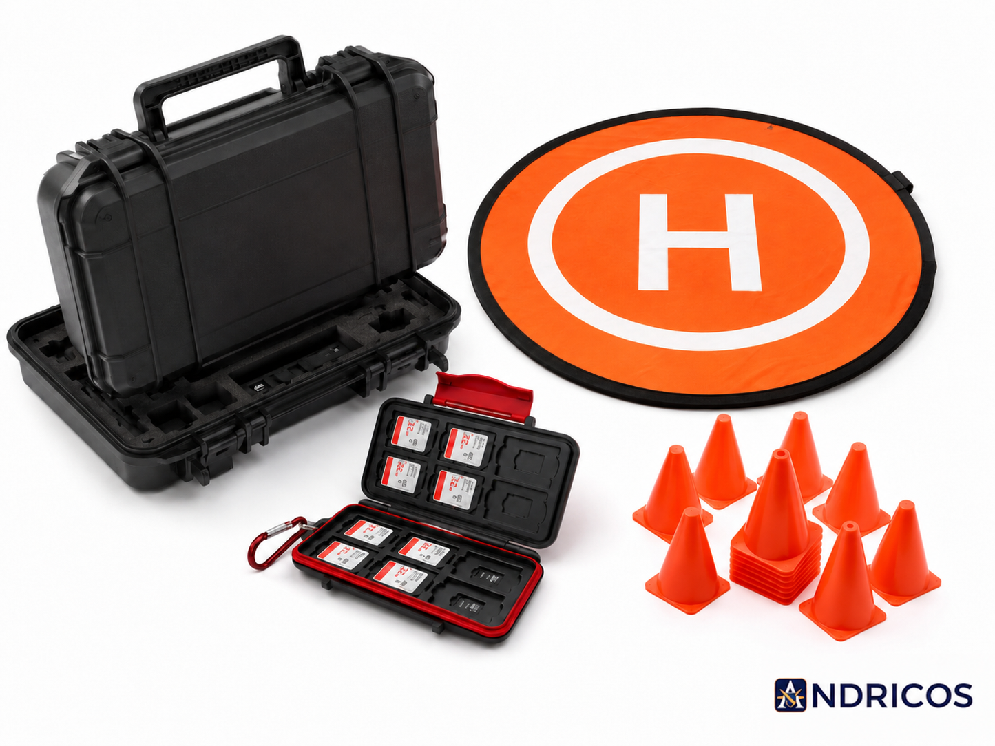 ANDRICOS Drone Field Support Kit — Landing Pad, SD Card Case, Marker Cones & Hard-Shell Accessory Storage for Field Drone Operations
