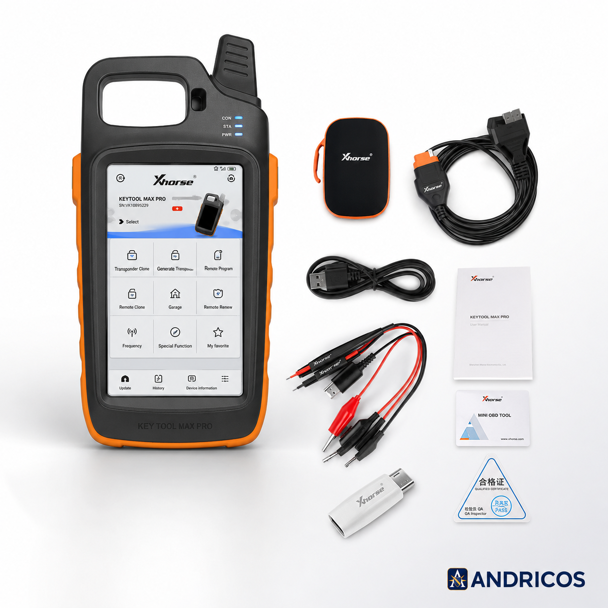 ANDRICOS Professional Vehicle Key & Diagnostic Tool — Xhorse VVDI Key Tool Max Pro with OBD Cable, TPMS Support, Remote Testing, Voltage Detection & Locksmith Workflow Functions