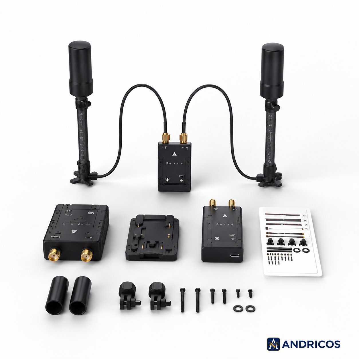 ANDRICOS Dual-Antenna RTK GNSS Module — Holybro H-RTK Unicore UM982 with Moving Baseline Yaw, Helical Antennas, USB-C, JST-GH Cables & Autopilot Integration