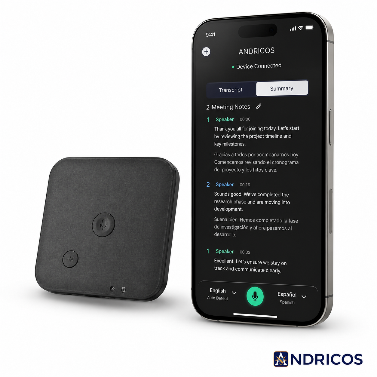 ANDRICOS AI Field Recorder — 64GB FoCase Rec CR1 Voice & Call Recorder with Speech-to-Text, AI Summaries, Translation Support, Dual Microphones & App File Management