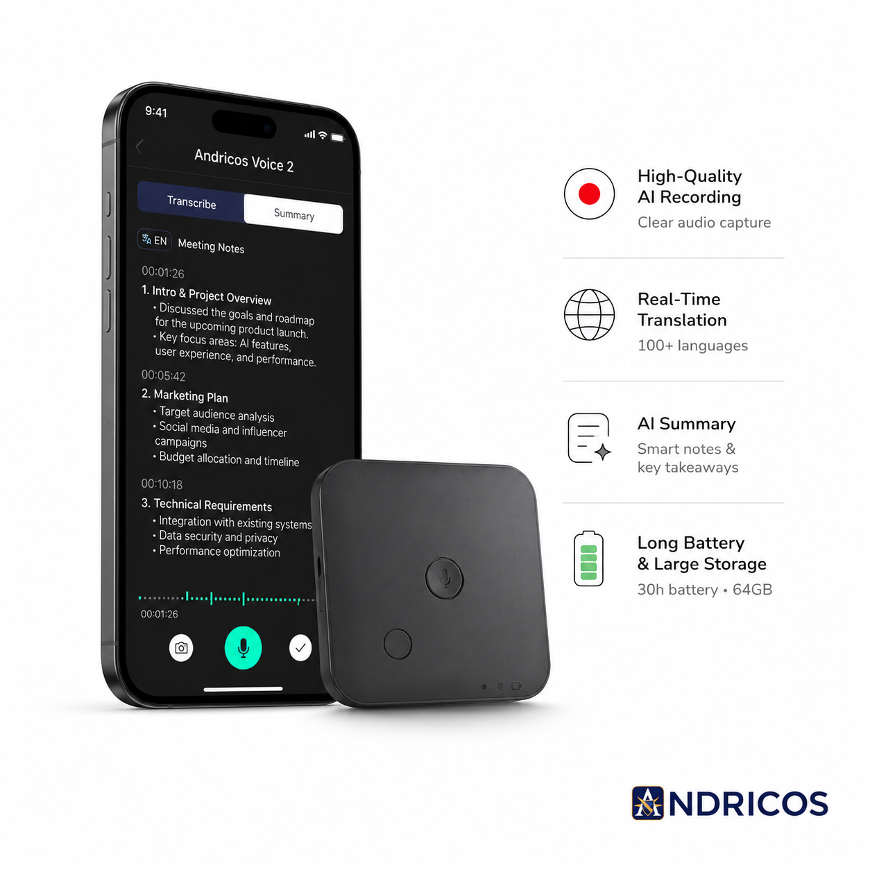 ANDRICOS AI Field Recorder — 64GB FoCase Rec CR1 Voice & Call Recorder with Speech-to-Text, AI Summaries, Translation Support, Dual Microphones & App File Management