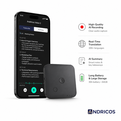 ANDRICOS AI Field Recorder — 64GB FoCase Rec CR1 Voice & Call Recorder with Speech-to-Text, AI Summaries, Translation Support, Dual Microphones & App File Management