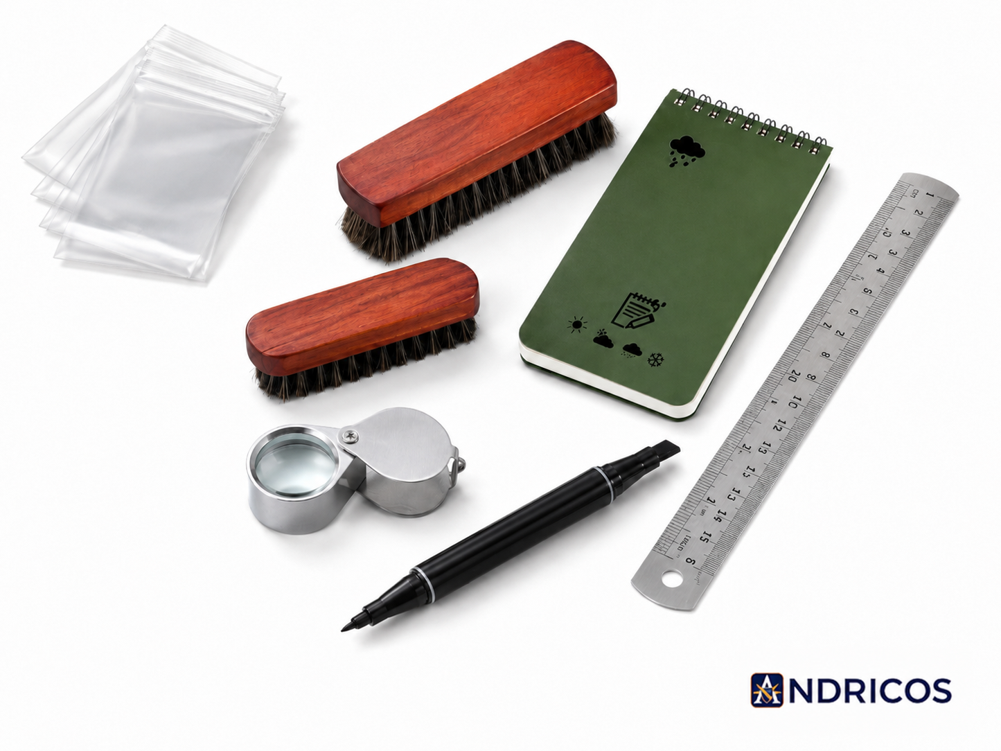 ANDRICOS Student Field Recording Bundle — Notebook, Ruler, Magnifier, Marker Pen, Sample Bags & Soft Cleaning Brush for Archaeology and Fieldwork
