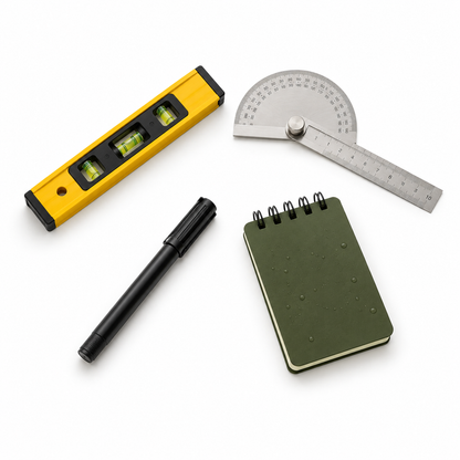 ANDRICOS Survey & Recording Bundle — Field Notebook, Ruler, Tape Measure, Spirit Level, Digital Angle Gauge, Field Pen & Navigation Tool