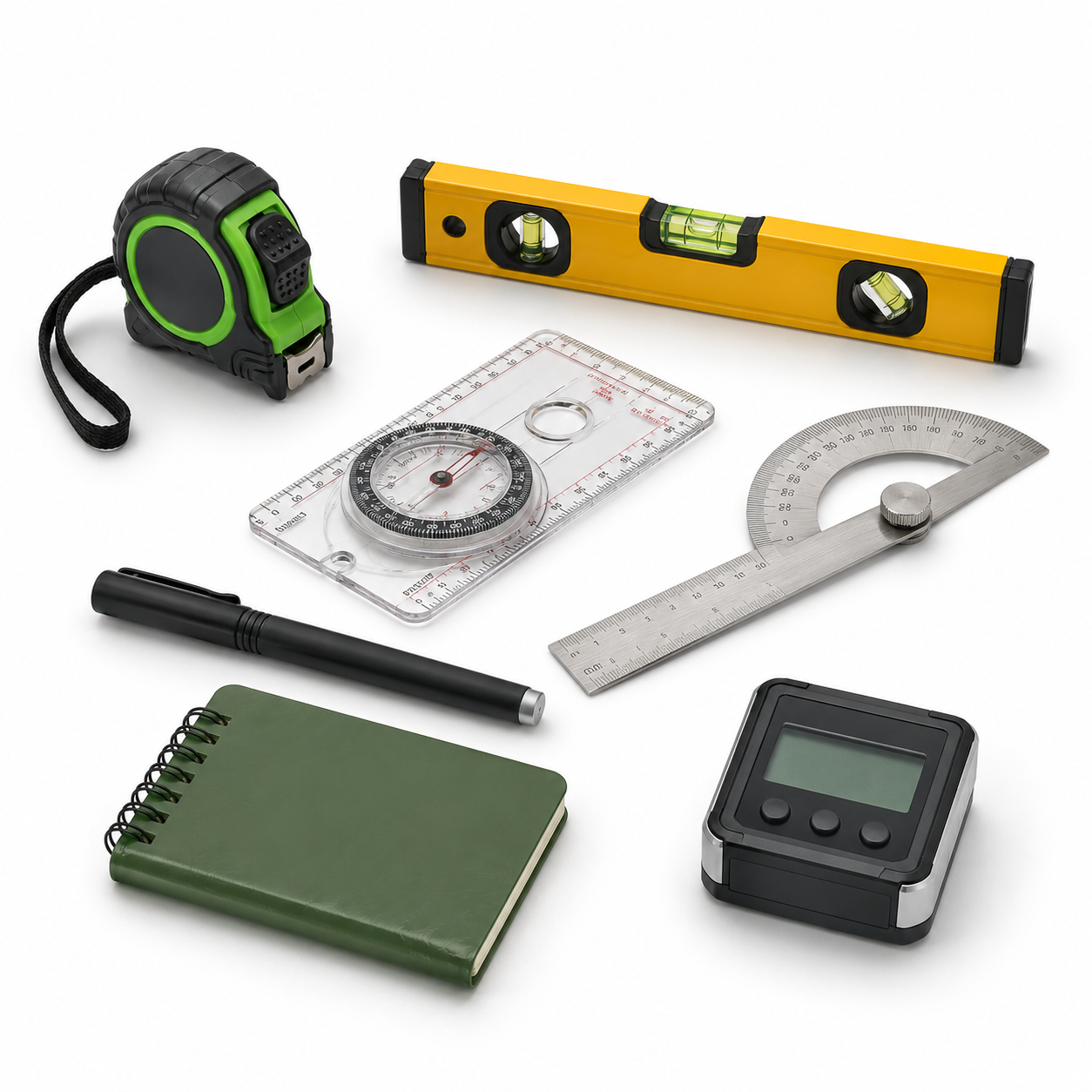 ANDRICOS Survey & Recording Bundle — Field Notebook, Ruler, Tape Measure, Spirit Level, Digital Angle Gauge, Field Pen & Navigation Tool