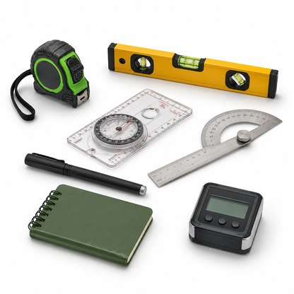 ANDRICOS Survey & Recording Bundle — Field Notebook, Ruler, Tape Measure, Spirit Level, Digital Angle Gauge, Field Pen & Navigation Tool