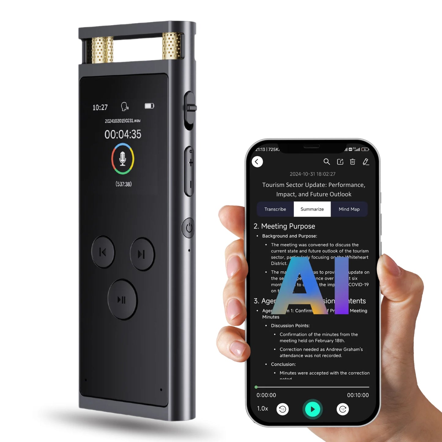 ANDRICOS AI Voice Recorder — FoCase Rec 64GB Aluminium Dictaphone with App Transcription, Translation, AI Summary, Mind Mapping & Voice Activation