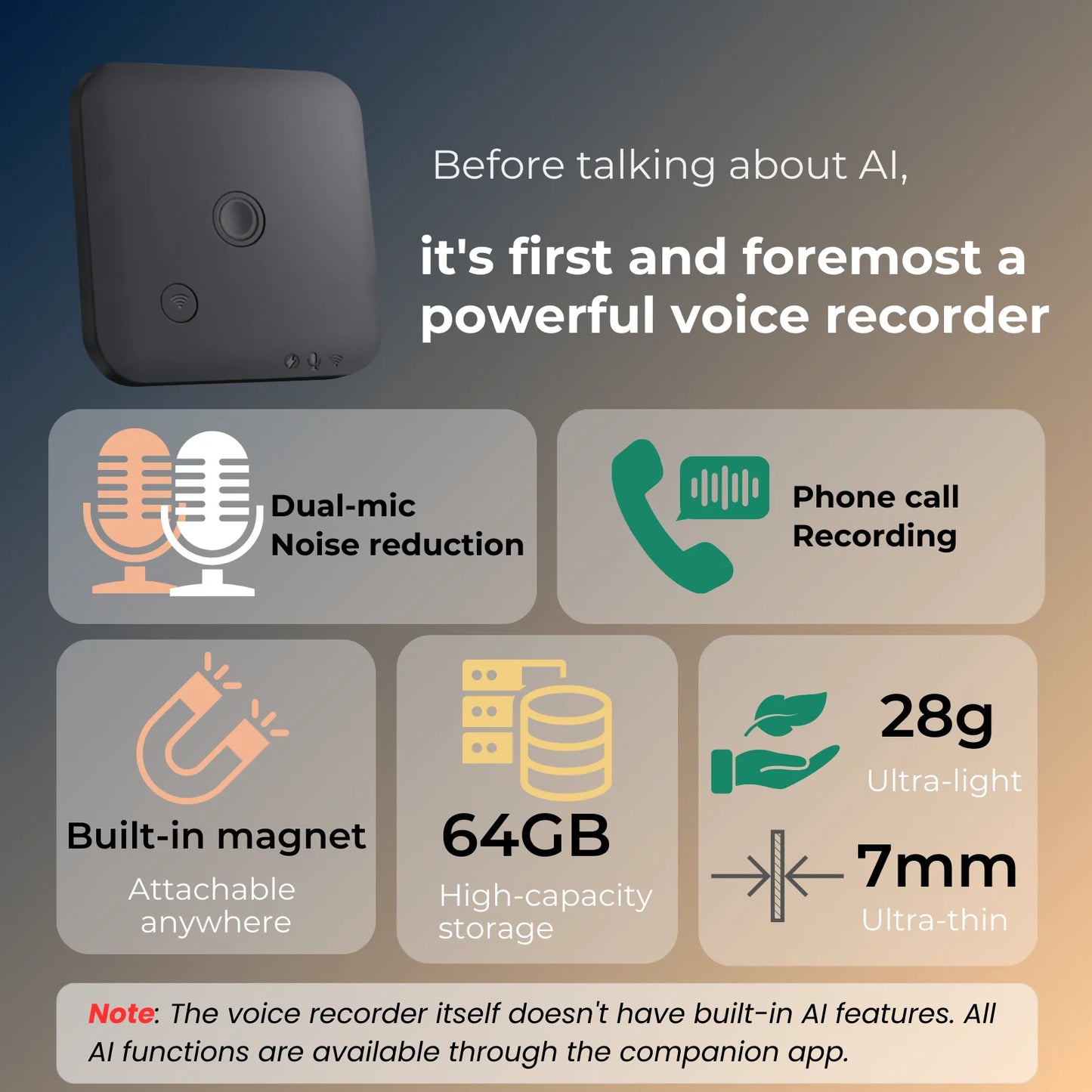 ANDRICOS AI Field Recorder — 64GB FoCase Rec CR1 Voice & Call Recorder with Speech-to-Text, AI Summaries, Translation Support, Dual Microphones & App File Management