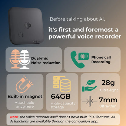 ANDRICOS AI Field Recorder — 64GB FoCase Rec CR1 Voice & Call Recorder with Speech-to-Text, AI Summaries, Translation Support, Dual Microphones & App File Management