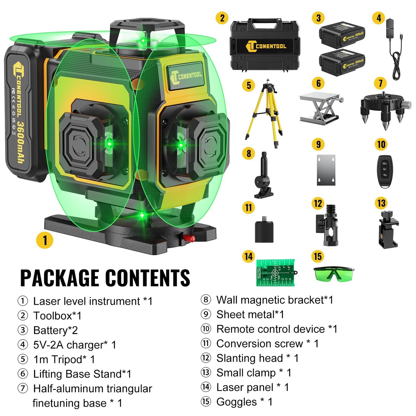 ANDRICOS 4D Laser Level Kit — CONENTOOL 16-Line Green Self-Leveling Laser with Tripod, 360° Rotation, Remote Control, 2 Batteries & Mounting Accessories