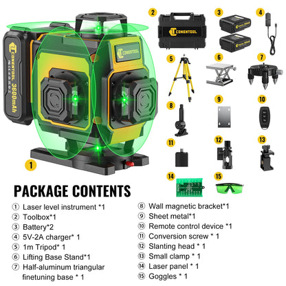 ANDRICOS 4D Laser Level Kit — CONENTOOL 16-Line Green Self-Leveling Laser with Tripod, 360° Rotation, Remote Control, 2 Batteries & Mounting Accessories