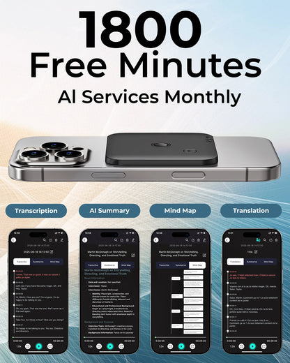 ANDRICOS AI Field Recorder — 64GB FoCase Rec CR1 Voice & Call Recorder with Speech-to-Text, AI Summaries, Translation Support, Dual Microphones & App File Management