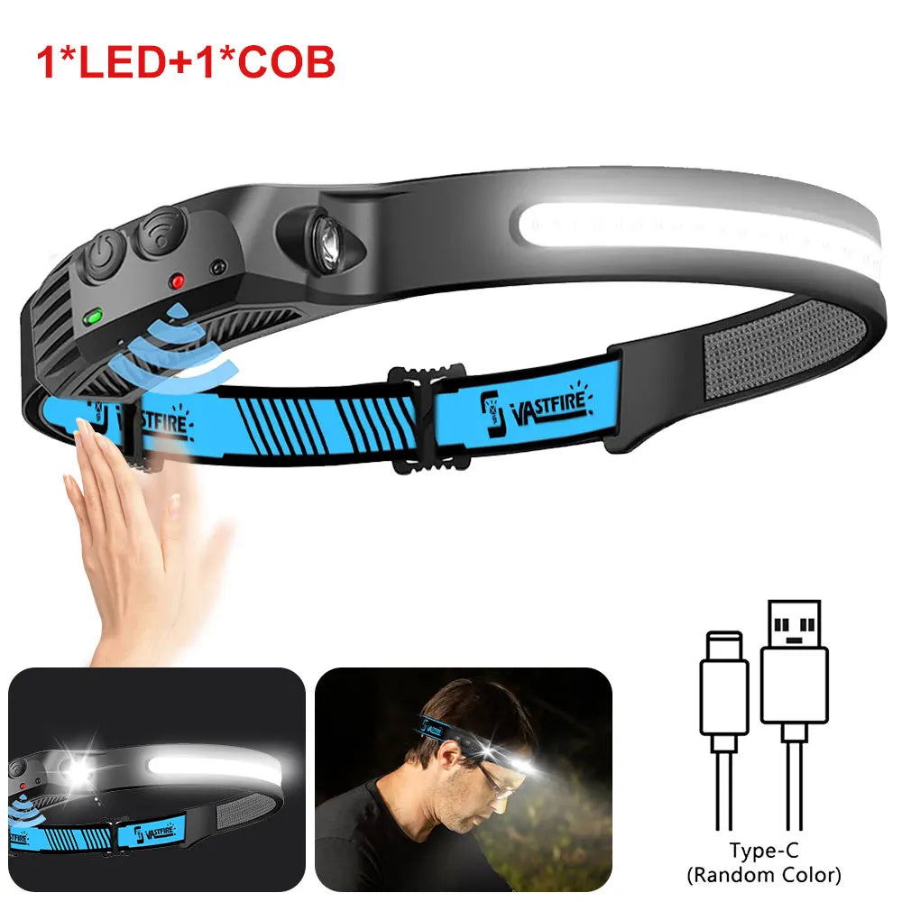 ANDRICOS Rechargeable Sensor Headlamp — VASTFIRE COB/XPG LED Head Torch with Type-C Charging, Motion Induction, 5 Lighting Modes & Built-In Battery