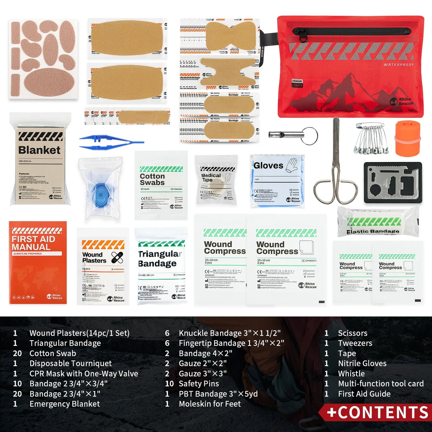 ANDRICOS Compact First Aid Kit — RHINO RESCUE 105-Piece Waterproof Travel Medical Kit for Fieldwork, Hiking, Camping, Cycling, Vehicles & Outdoor Carry