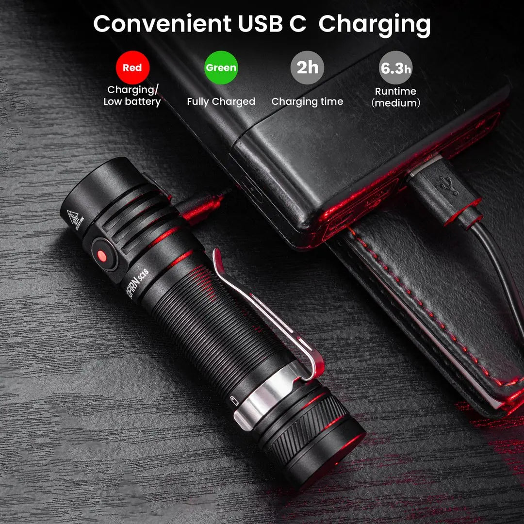 ANDRICOS Rechargeable EDC Flashlight — Sofirn SC18 1800LM USB-C Aluminium Torch with SST40 LED, 18650 Battery, TIR Optics & Power Indicator