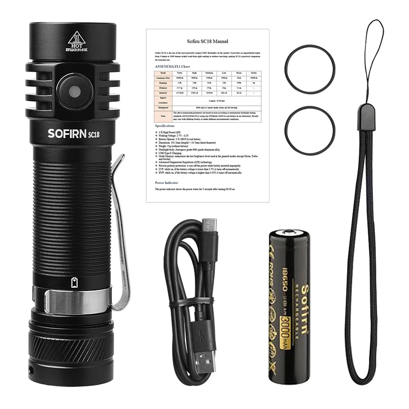 ANDRICOS Rechargeable EDC Flashlight — Sofirn SC18 1800LM USB-C Aluminium Torch with SST40 LED, 18650 Battery, TIR Optics & Power Indicator