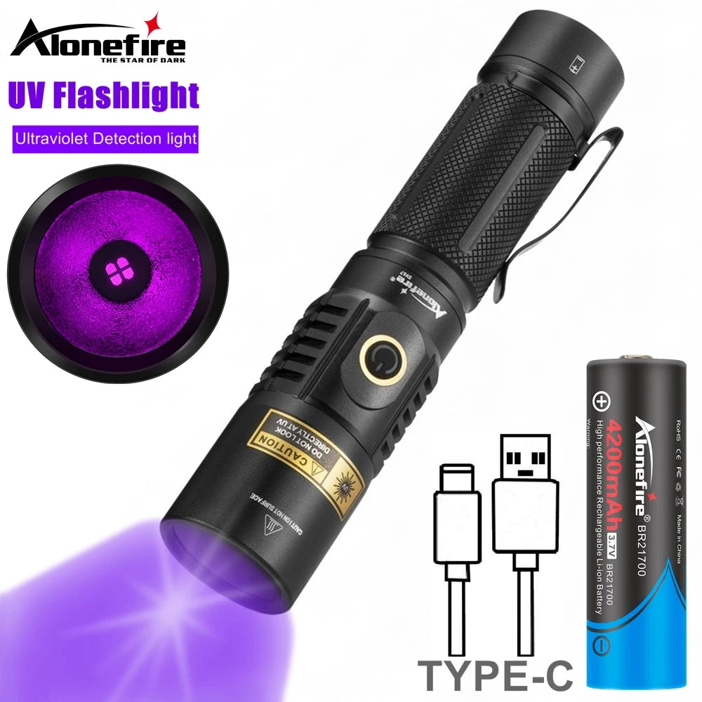 ANDRICOS UV Inspection Flashlight — AloneFire SV67 365nm Rechargeable Aluminium Blacklight Torch with 21700 Battery, USB Charging & Fluorescence Detection