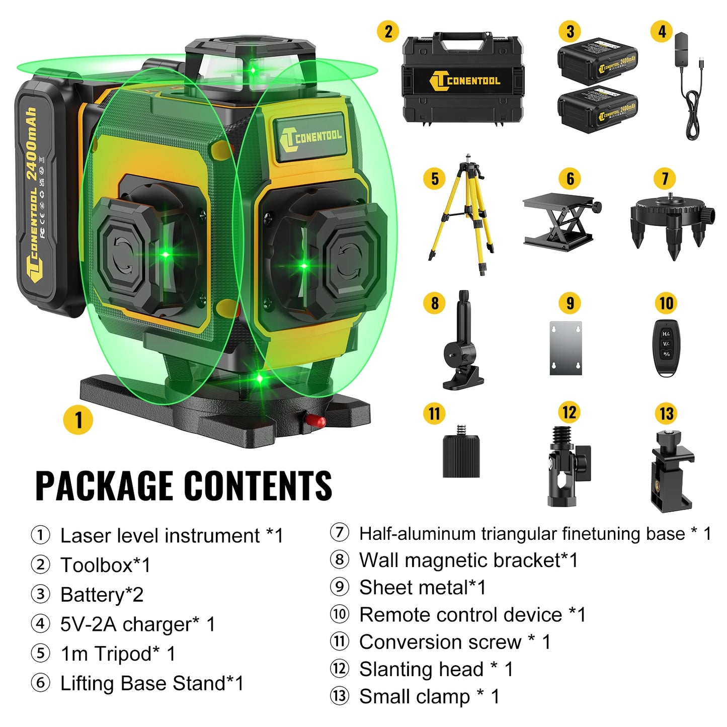 ANDRICOS 4D Laser Level Kit — CONENTOOL 16-Line Green Self-Leveling Laser with Tripod, 360° Rotation, Remote Control, 2 Batteries & Mounting Accessories