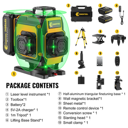 ANDRICOS 4D Laser Level Kit — CONENTOOL 16-Line Green Self-Leveling Laser with Tripod, 360° Rotation, Remote Control, 2 Batteries & Mounting Accessories