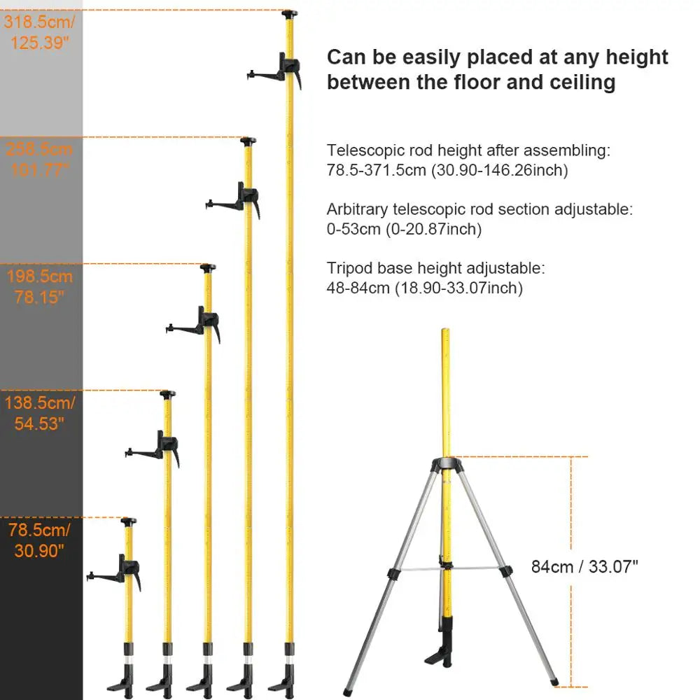 ANDRICOS Laser Mounting Pole System — Huepar LP36A 3.7M Telescoping Laser Tripod with 1/4"-20 Mount, 5/8"-11 Adapter, Adjustable Bracket & Carry Bag