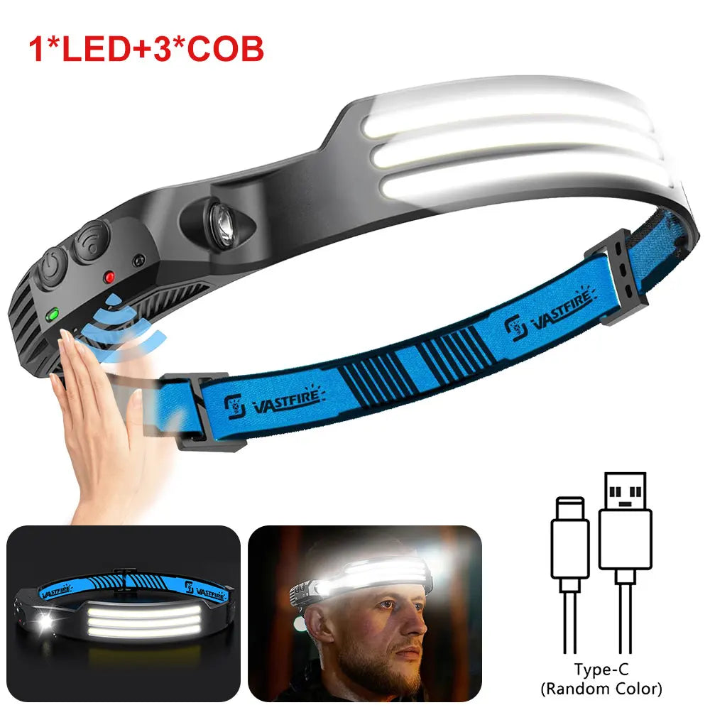 ANDRICOS Rechargeable Sensor Headlamp — VASTFIRE COB/XPG LED Head Torch with Type-C Charging, Motion Induction, 5 Lighting Modes & Built-In Battery