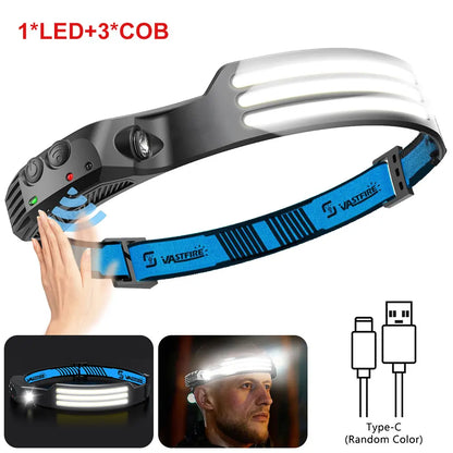 ANDRICOS Rechargeable Sensor Headlamp — VASTFIRE COB/XPG LED Head Torch with Type-C Charging, Motion Induction, 5 Lighting Modes & Built-In Battery