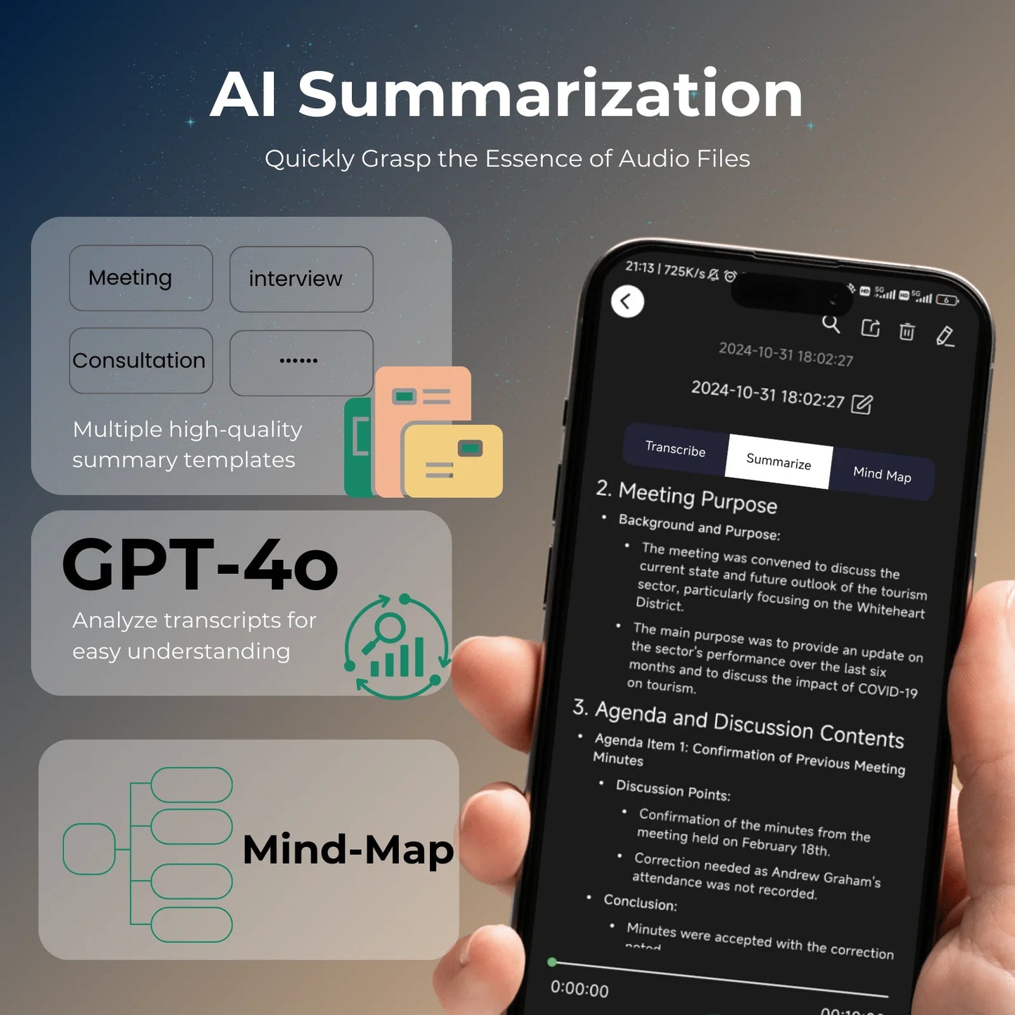 ANDRICOS AI Field Recorder — 64GB FoCase Rec CR1 Voice & Call Recorder with Speech-to-Text, AI Summaries, Translation Support, Dual Microphones & App File Management
