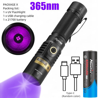 ANDRICOS UV Inspection Flashlight — AloneFire SV67 365nm Rechargeable Aluminium Blacklight Torch with 21700 Battery, USB Charging & Fluorescence Detection