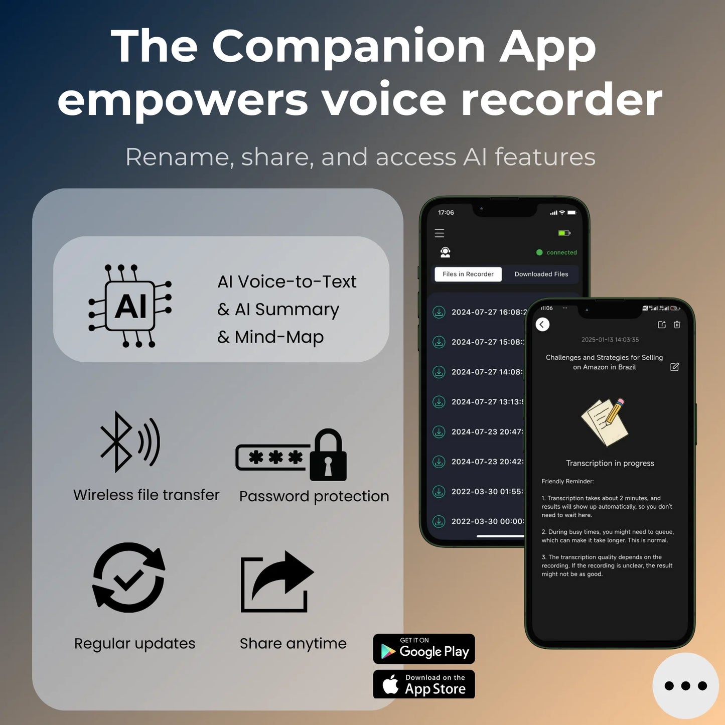 ANDRICOS AI Field Recorder — 64GB FoCase Rec CR1 Voice & Call Recorder with Speech-to-Text, AI Summaries, Translation Support, Dual Microphones & App File Management