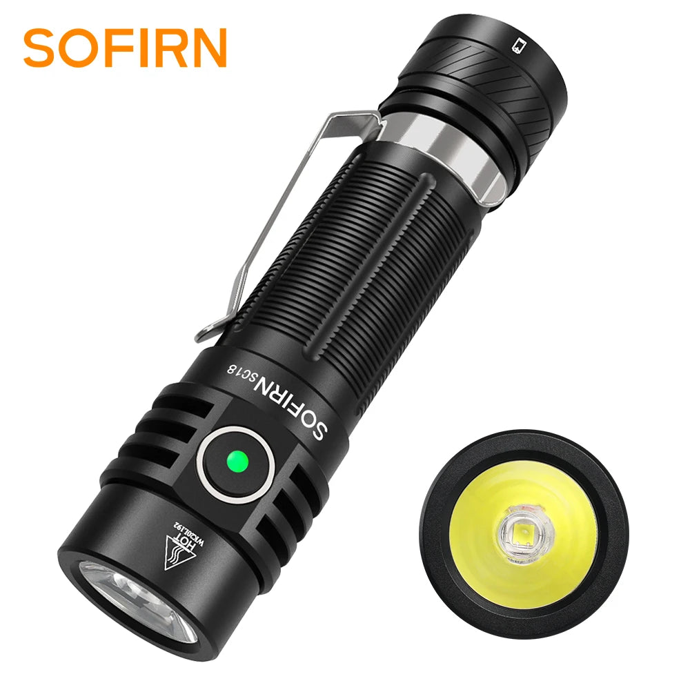 ANDRICOS Rechargeable EDC Flashlight — Sofirn SC18 1800LM USB-C Aluminium Torch with SST40 LED, 18650 Battery, TIR Optics & Power Indicator
