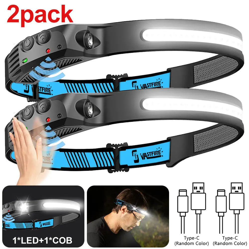 ANDRICOS Rechargeable Sensor Headlamp — VASTFIRE COB/XPG LED Head Torch with Type-C Charging, Motion Induction, 5 Lighting Modes & Built-In Battery