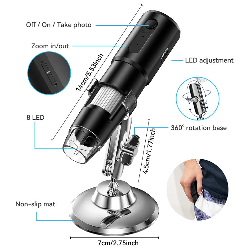 ANDRICOS Wireless Field Microscope — INSKAM 50X-1000X Portable WiFi Digital Microscope with 8 LED Lights, Phone/PC Support & Rechargeable Battery